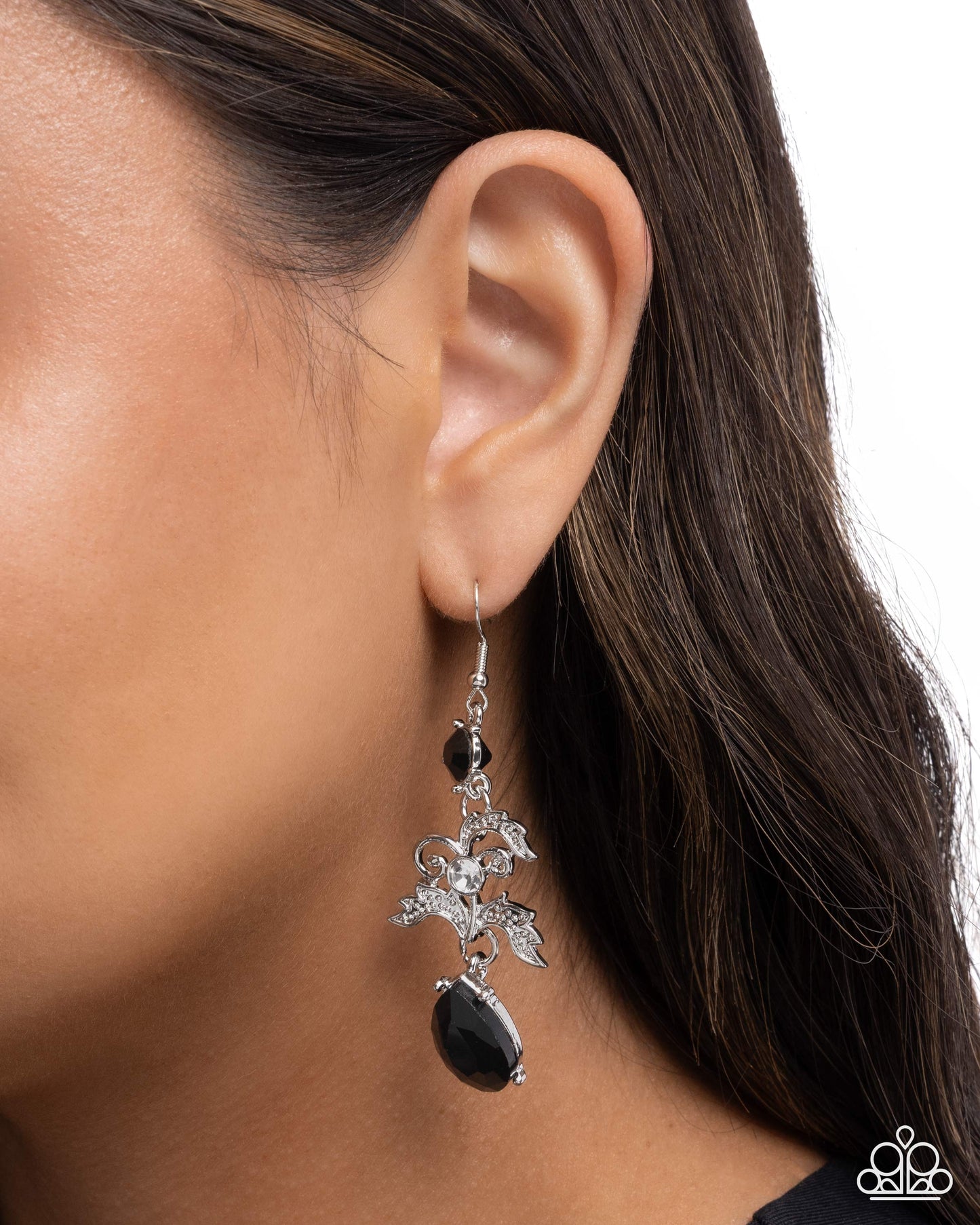 Spiral Sashay - Black Gems/Silver Filigree/White Rhinestones Paparazzi Earrings