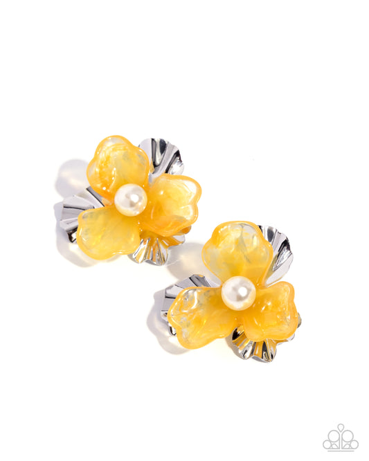 Frank Flowers - Yellow & Silver Flower Petals/White Pearl Center Paparazzi Post Earrings