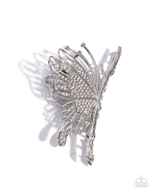 Layered Landing - White Rhinestone Embellished Silver Butterfly Paparazzi Hair Claw Clip