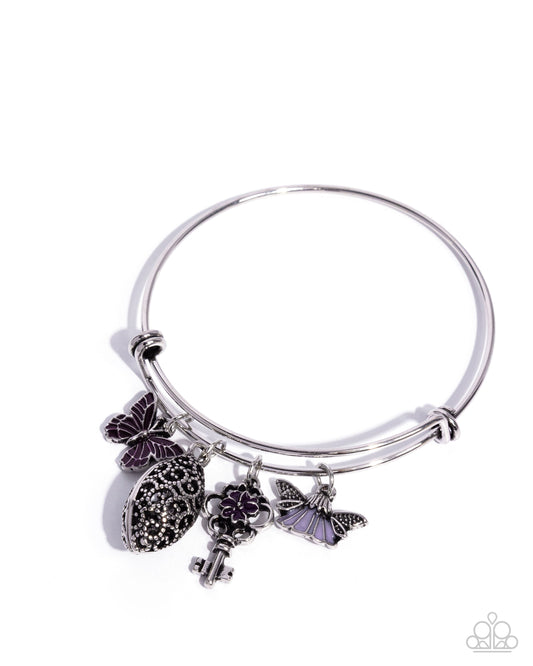 Eclectic Emotion - Purple Painted Fairy Flower, Flower Key, & Butterfly Charms Paparazzi Bracelet