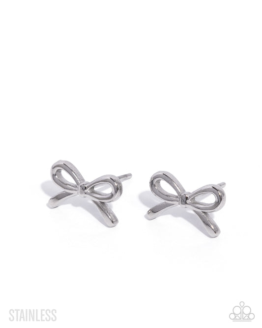 BOW The Line - Silver Stainless Steel Dainty Bow Paparazzi Post Earrings