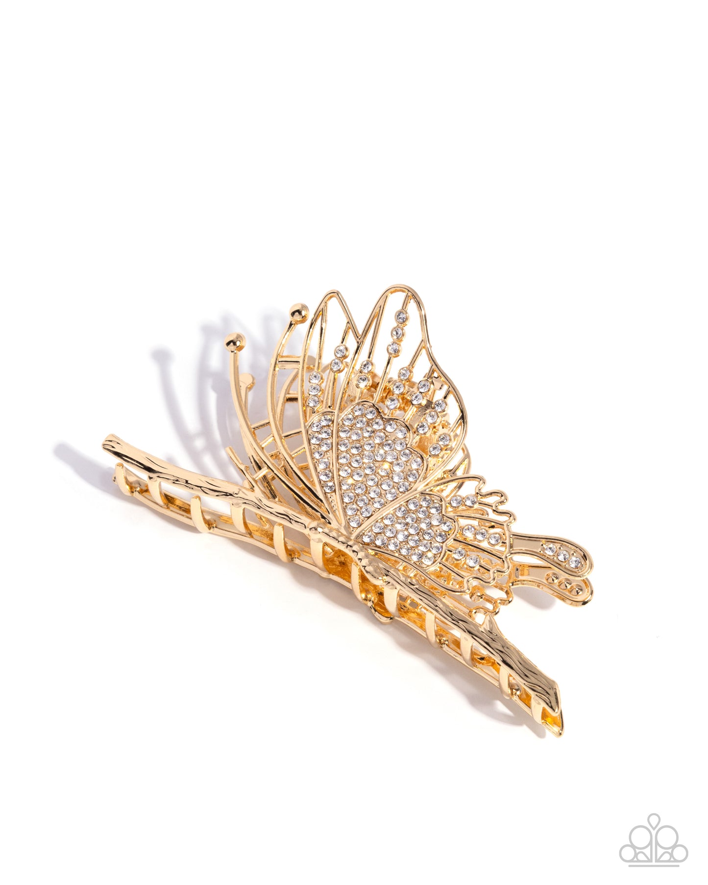 Layered Landing - Gold & White Rhinestone Butterfly Paparazzi Claw Clip