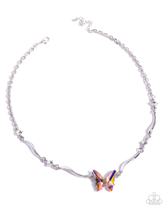Gliding Glitz - Orange UV Butterfly/White Rhinestones/Curly Silver Bars Paparazzi Necklace & matching earrings