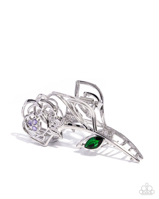 Model ROSE - Purple Rhinestones/Green Gem Rose Paparazzi Hair Claw Clip