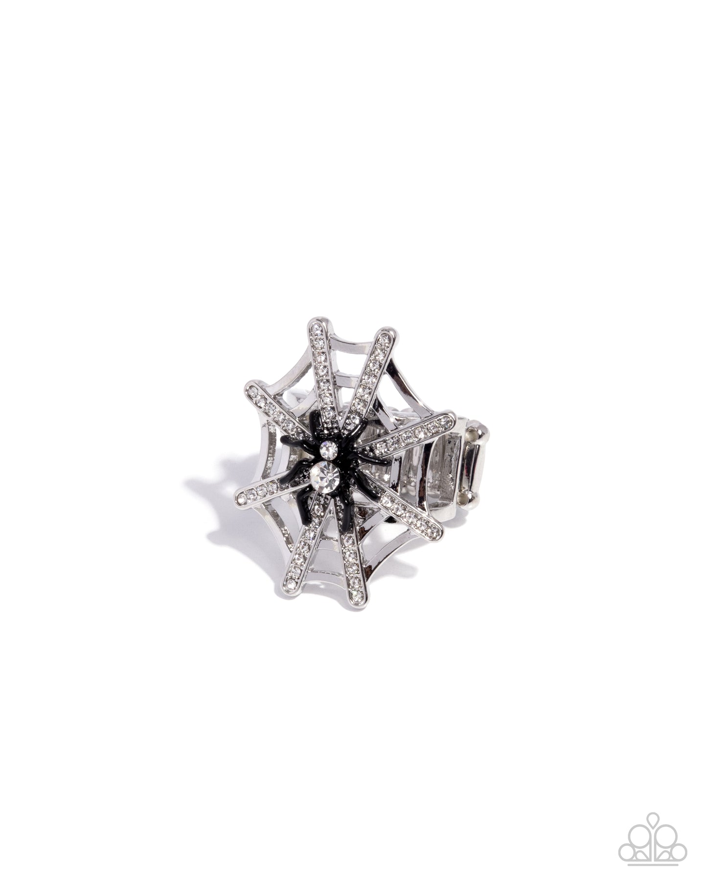Spiderweb Shimmer - Black Acrylic Spider/White Rhinestone & Silver Spiderweb Paparazzi Ring