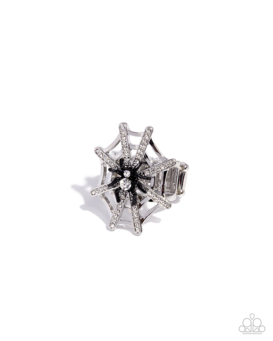 Spiderweb Shimmer - Black Acrylic Spider/White Rhinestone & Silver Spiderweb Paparazzi Ring