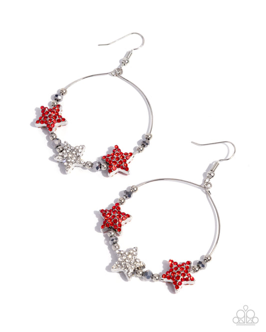 Country Countdown - Red & White Rhinestone Embellished Stars/Wire Hoop Paparazzi Earrings