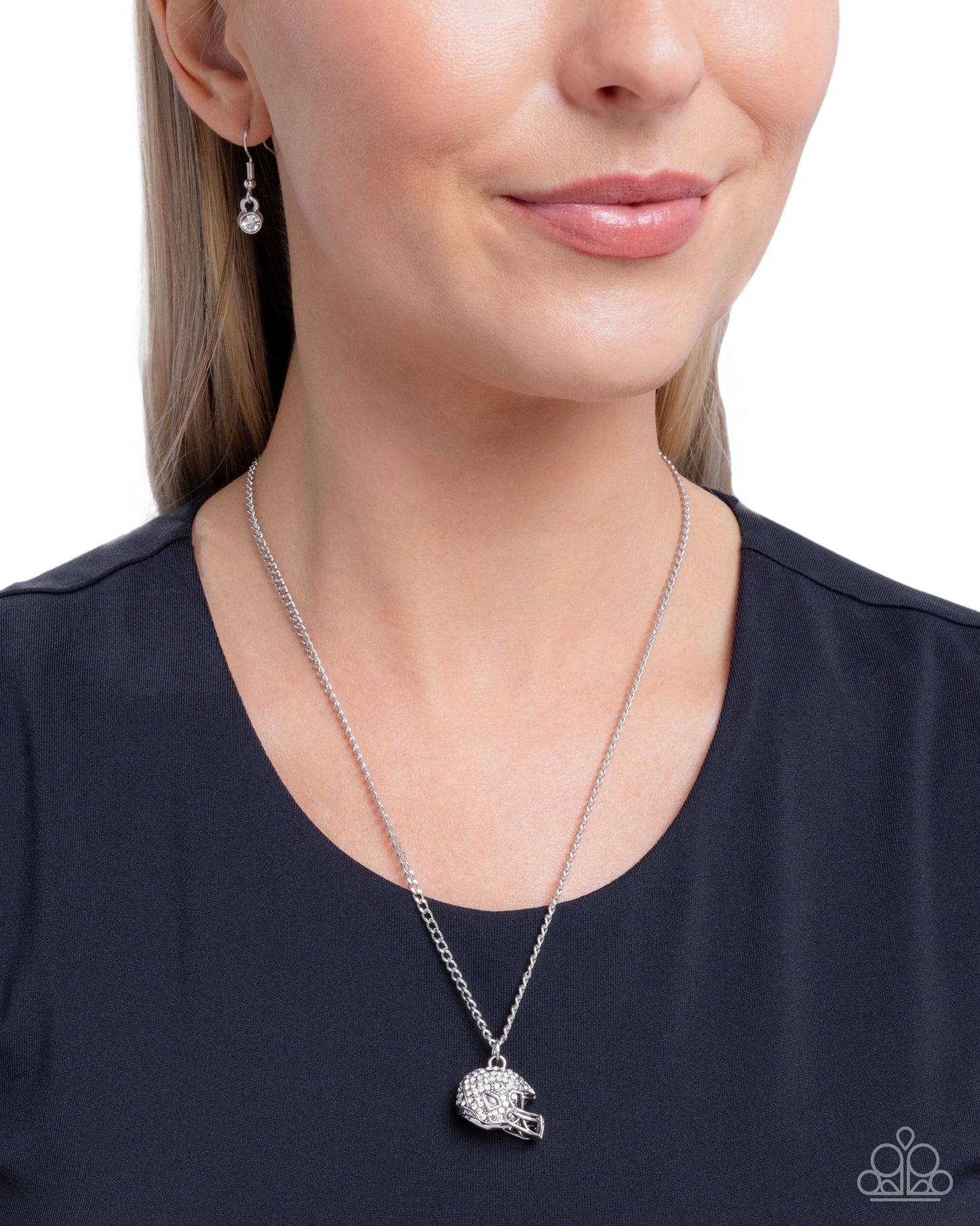 Quarterback Chic - White Rhinestone Embellished Football Helmet Pendant Paparazzi Necklace & matching earrings