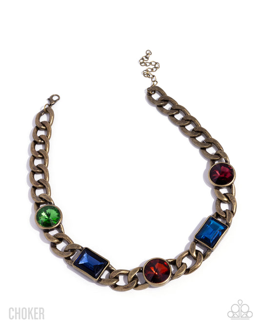 Groundbreaking Glitter - Brass Curb Chain/Multicolored Gems Paparazzi Necklace & matching earrings
