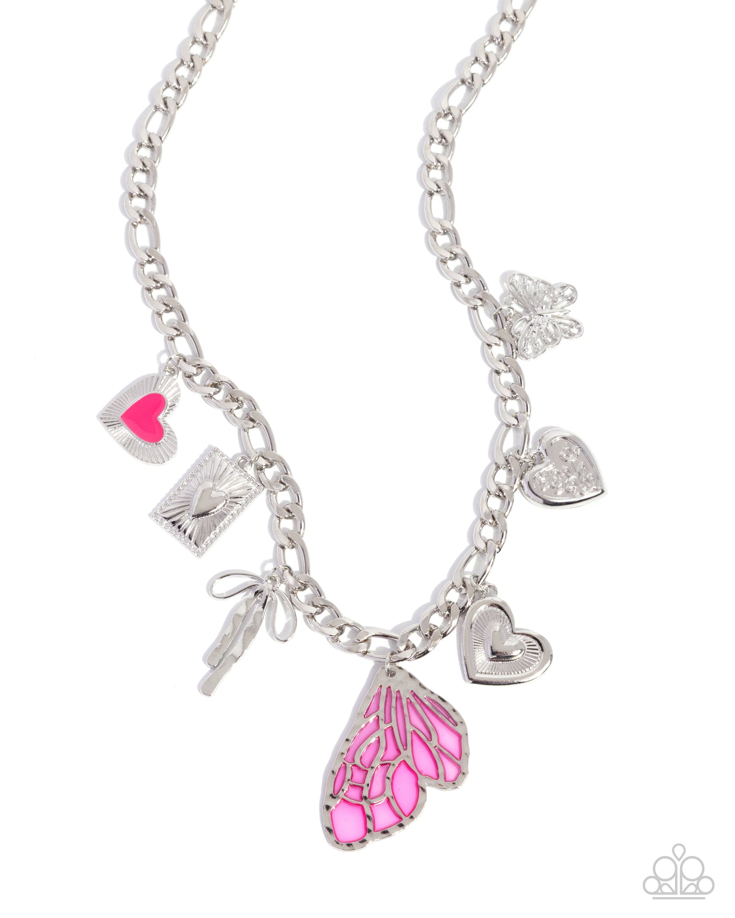 Feminine Finish - Pink Heart/Pink Butterfly Wing/Silver Accents Paparazzi Charm Necklace