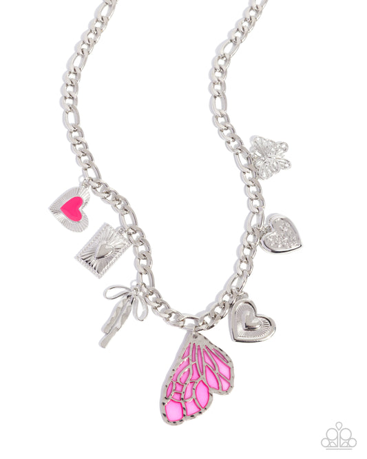 Feminine Finish - Pink Heart/Pink Butterfly Wing/Silver Accents Paparazzi Charm Necklace