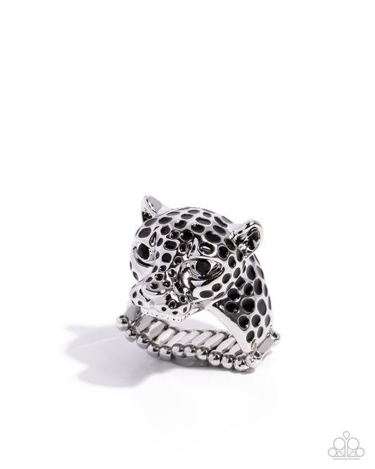Leopard Limit - Black Rhinestone Embellished Silver Leopard Paparazzi Ring