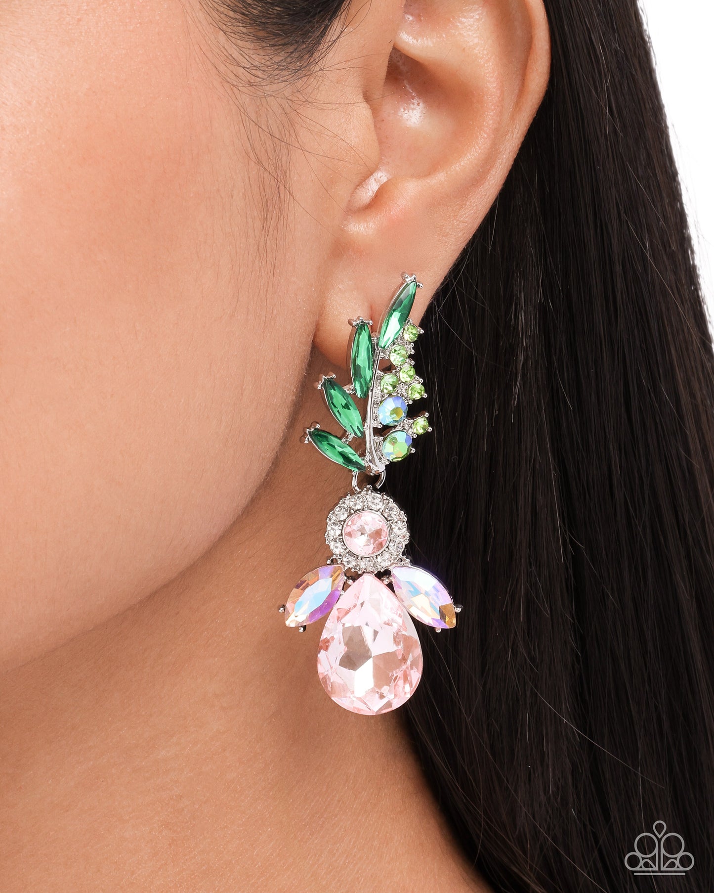 Priceless Pizzazz - Pink Oversized Gem/Green Gems Paparazzi Earrings