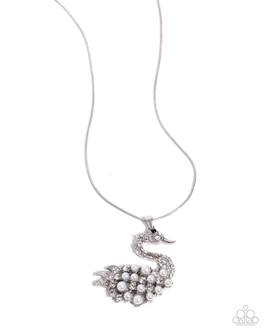 Swan Shimmer - White Rhinestone/Pearl Embellished Swan Pendant Paparazzi Necklace & matching earrings