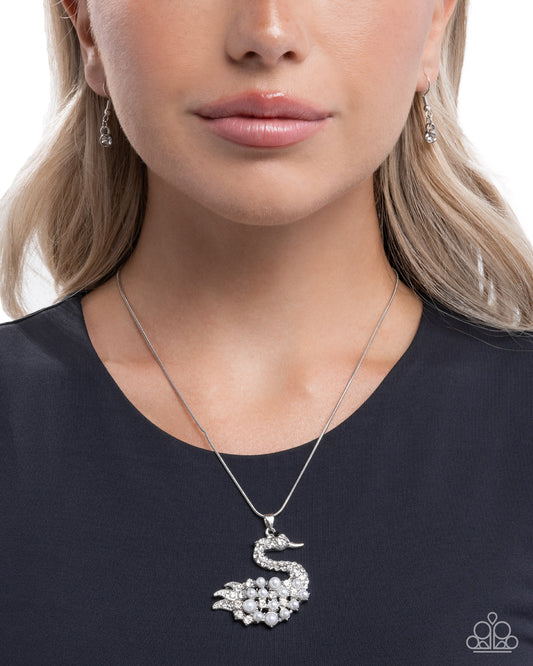 Swan Shimmer - White Rhinestone/Pearl Embellished Swan Pendant Paparazzi Necklace & matching earrings