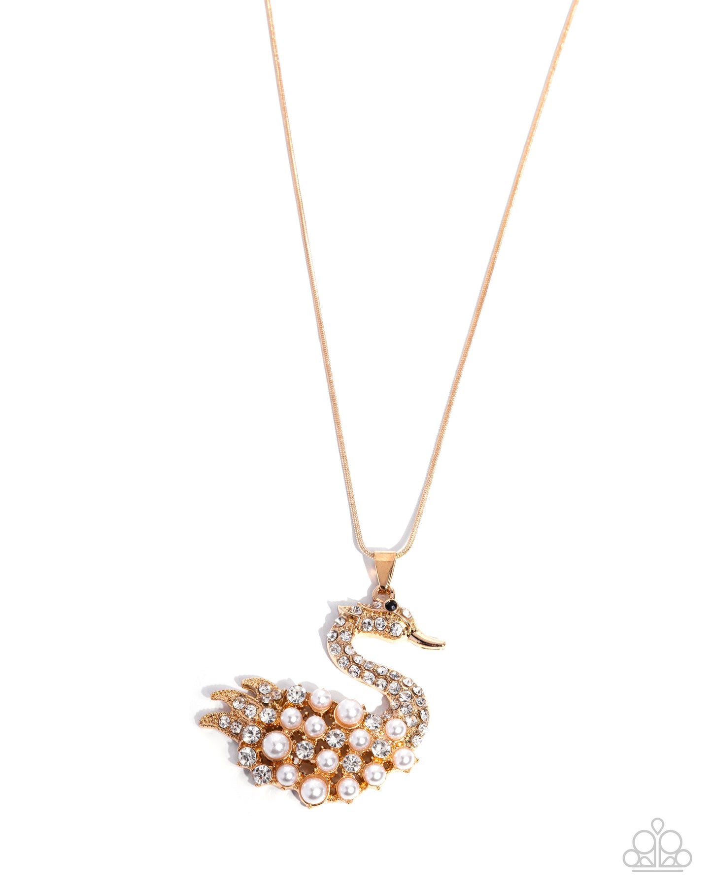 Swan Shimmer - Gold Textured Swan/White Rhinestones, White Pearls Pendant Paparazzi Necklace & matching earrings