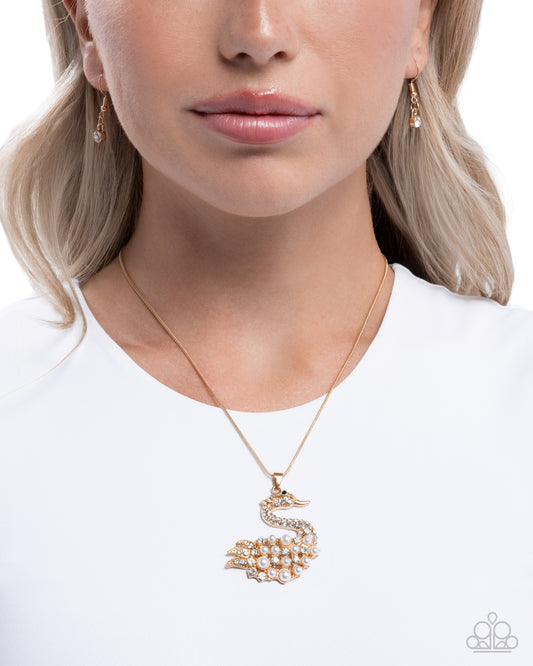 Swan Shimmer - Gold Textured Swan/White Rhinestones, White Pearls Pendant Paparazzi Necklace & matching earrings