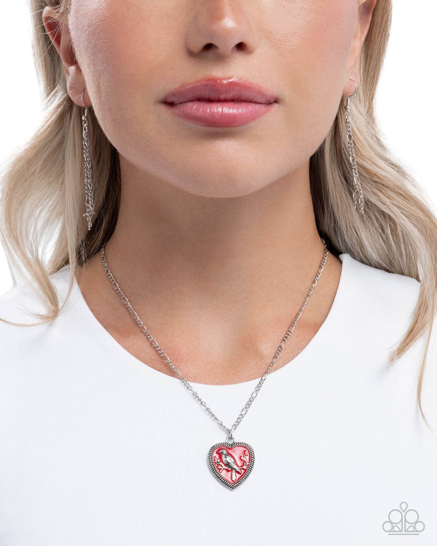 Songbird Sweetheart - Red Painted Silver Heart/Silver Bird Pendant Paparazzi Necklace & matching earrings