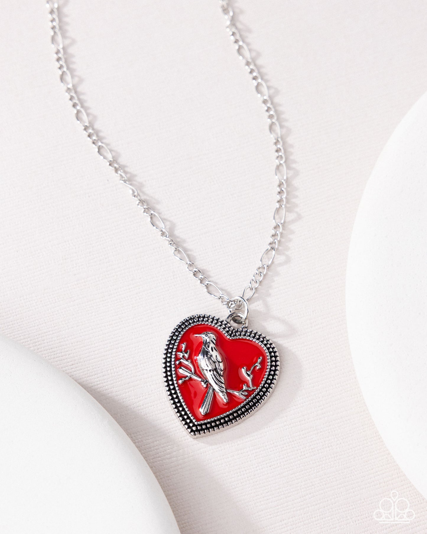 Songbird Sweetheart - Red Painted Silver Heart/Silver Bird Pendant Paparazzi Necklace & matching earrings