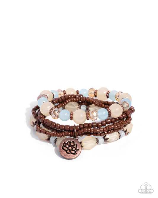 Lotus Moment - Copper, Peach, Blue, Light Green Beads/Copper Lotus Stamped Charm Set of 3 Paparazzi Stretch Bracelets