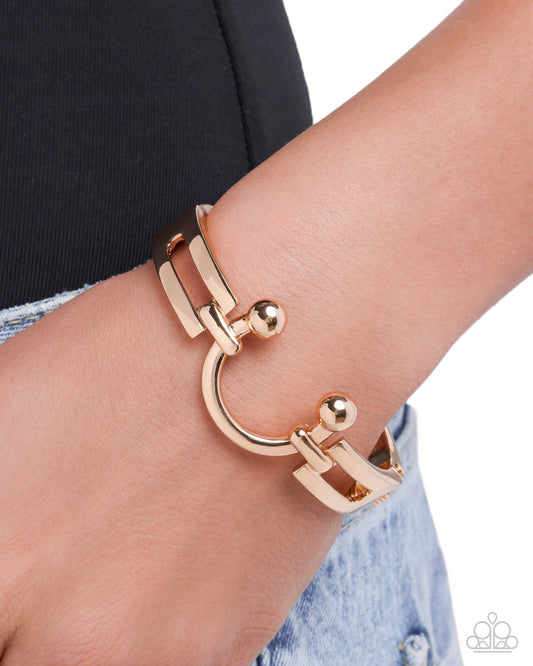 Luminous Latch - Gold Thick Bars/Gold Barbell Accent Paparazzi Hinge Bracelet