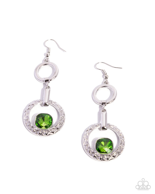 Center Cascade - Green Gem/Silver Frame Paparazzi Earrings