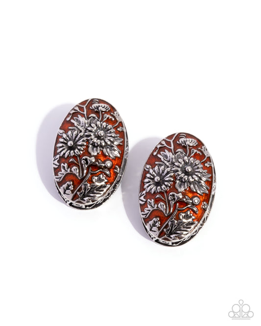 Portrait of Perfection - Orange Backdrop/Antiqued Silver Sunflower Overlay Paparazzi Earrings