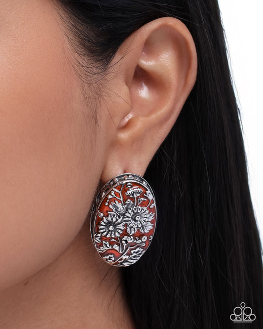 Portrait of Perfection - Orange Backdrop/Antiqued Silver Sunflower Overlay Paparazzi Earrings