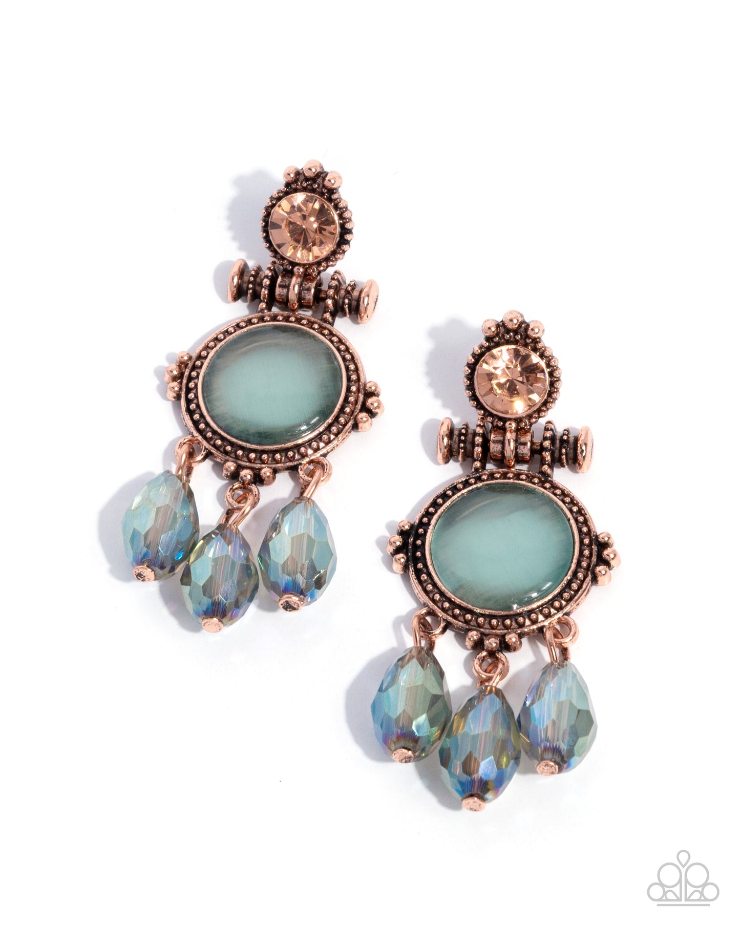 Easygoing Elevation - Copper Studded Post/Peach Rhinestone/Blue Cat's Eye/Blue Beaded Paparazzi Earrings