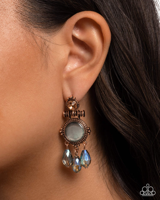 Easygoing Elevation - Copper Studded Post/Peach Rhinestone/Blue Cat's Eye/Blue Beaded Paparazzi Earrings