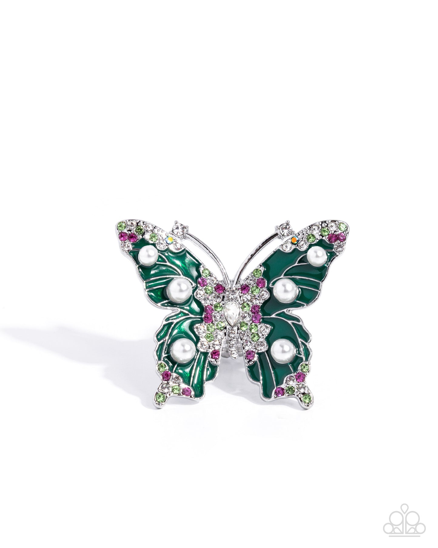 Fluttering Formal - Green Painted & Multicolor Rhinestones Oversized Butterfly Paparazzi Ring