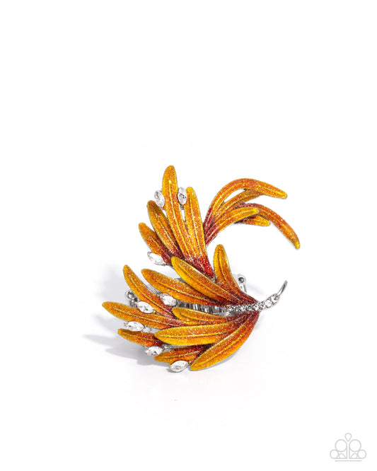 Fantastical Feather - Red, Yellow, & Orange Glitter Painted Silver Curls Paparazzi Ring