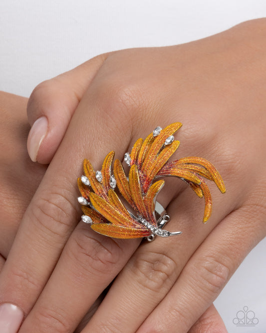 Fantastical Feather - Red, Yellow, & Orange Glitter Painted Silver Curls Paparazzi Ring