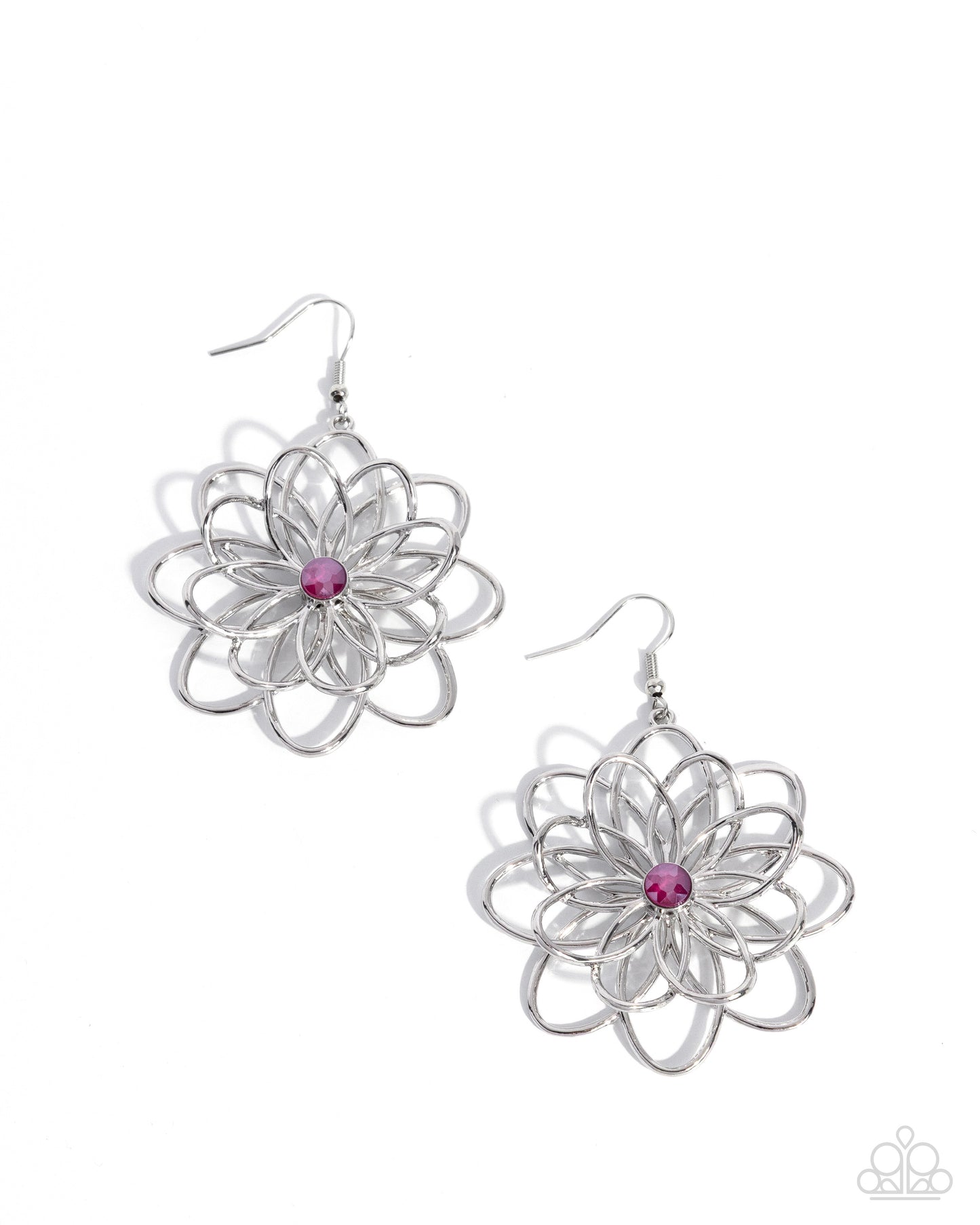 Malibu Mode - Pink Rhinestone Center/Silver 3-D Flower Paparazzi Earrings