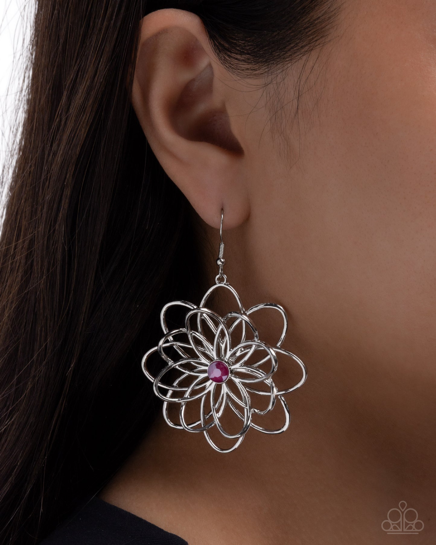 Malibu Mode - Pink Rhinestone Center/Silver 3-D Flower Paparazzi Earrings
