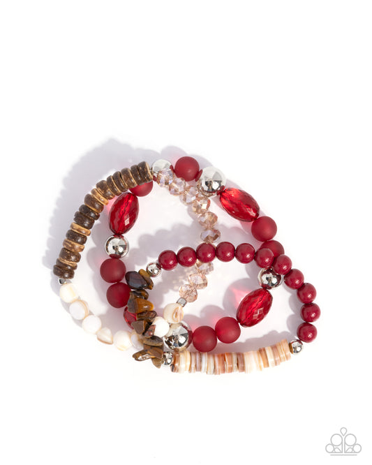 Seasonal Stretch - Red/Silver Beads, Tiger's Eye Stones, White Shells Paparazzi Set of 3 Stretch Bracelets
