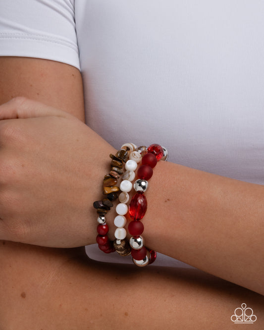 Seasonal Stretch - Red/Silver Beads, Tiger's Eye Stones, White Shells Paparazzi Set of 3 Stretch Bracelets