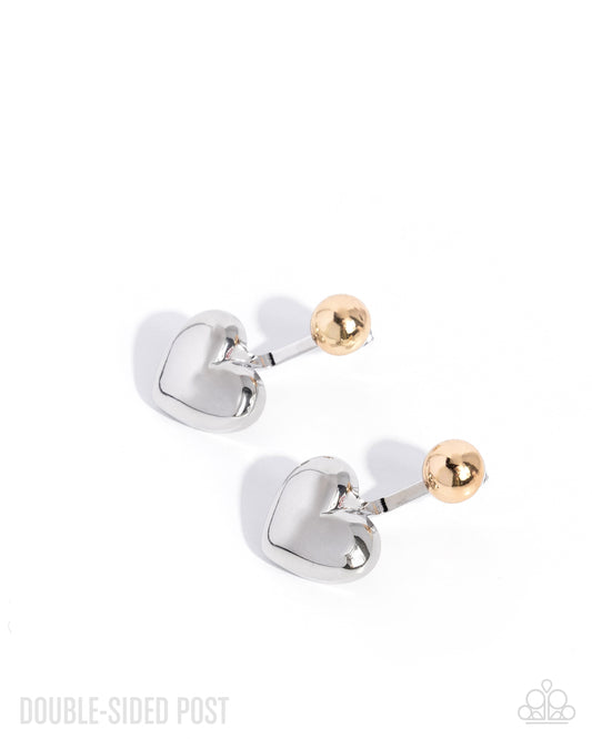Flirty Finale - Multicolored Metal Silver Heart/Gold Bead Paparazzi Double-Sided Post Earrings