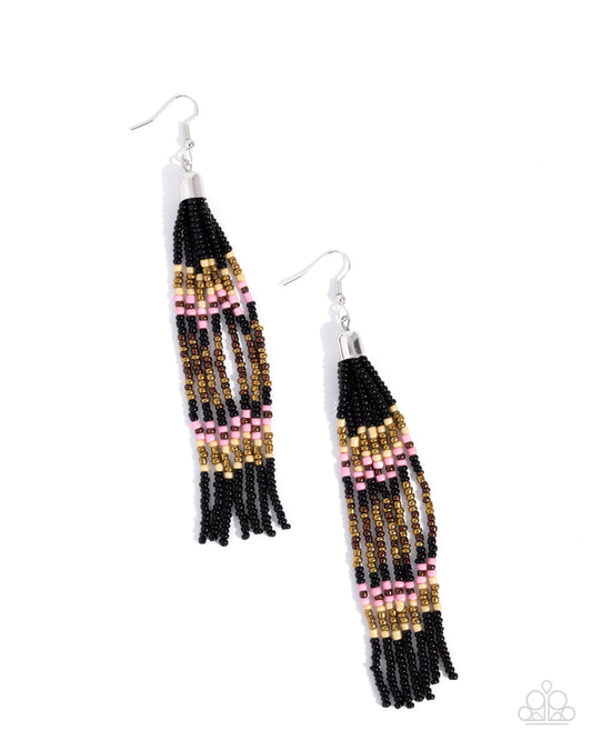 Stunning Strands - Black, Pink, Brass, & Brown Seed Bead Tassel Paparazzi Earrings