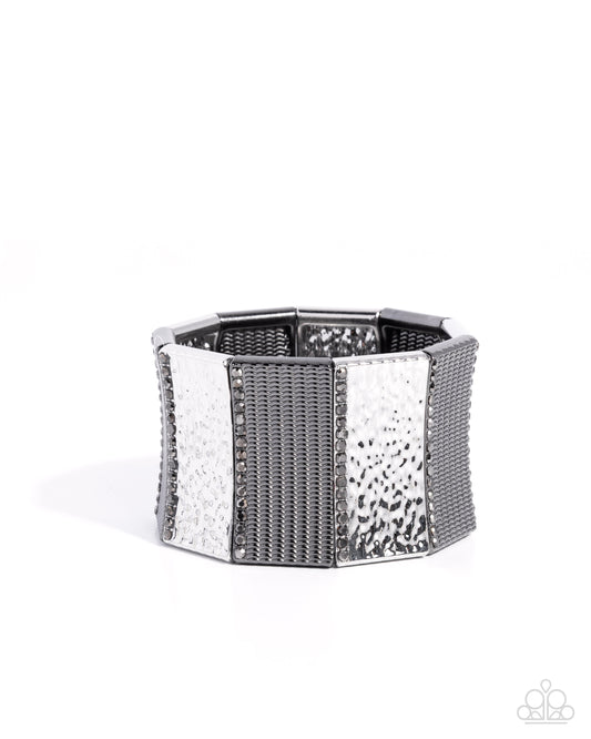 Textured Title - Silver Hammered Plates/Gunmetal Textured Plated Paparazzi Stretch Bracelet