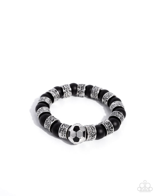 Soccer Champ - Black Matte Beads/Silver Filigree Beads/Soccer Ball Charm Paparazzi Stretch Bracelet