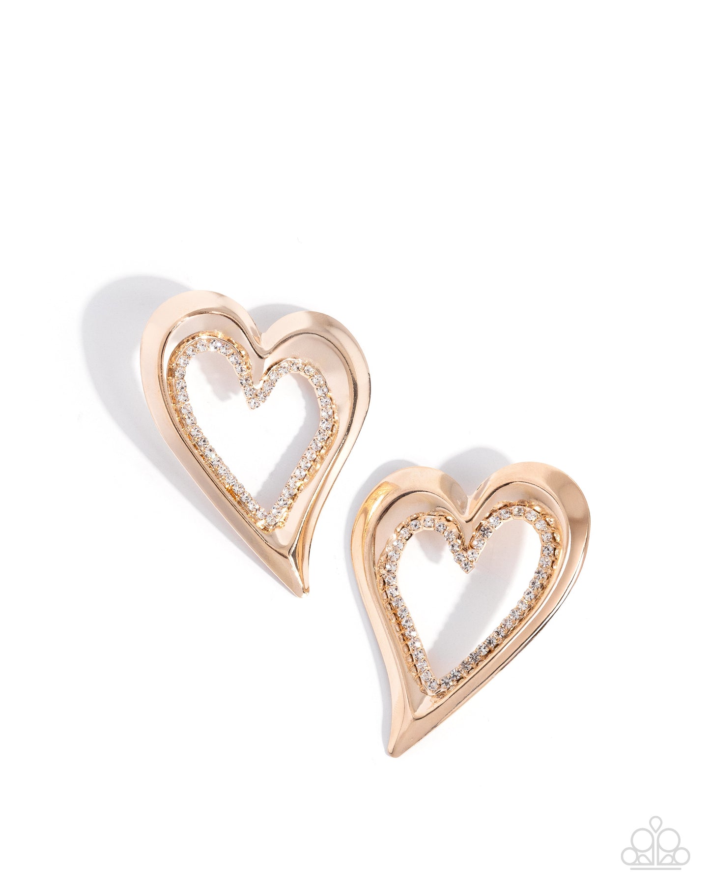 Cupid Chic - Gold Oversized Heart/White Rhinestones Paparazzi Earrings