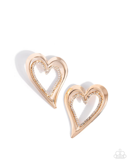 Cupid Chic - Gold Oversized Heart/White Rhinestones Paparazzi Earrings