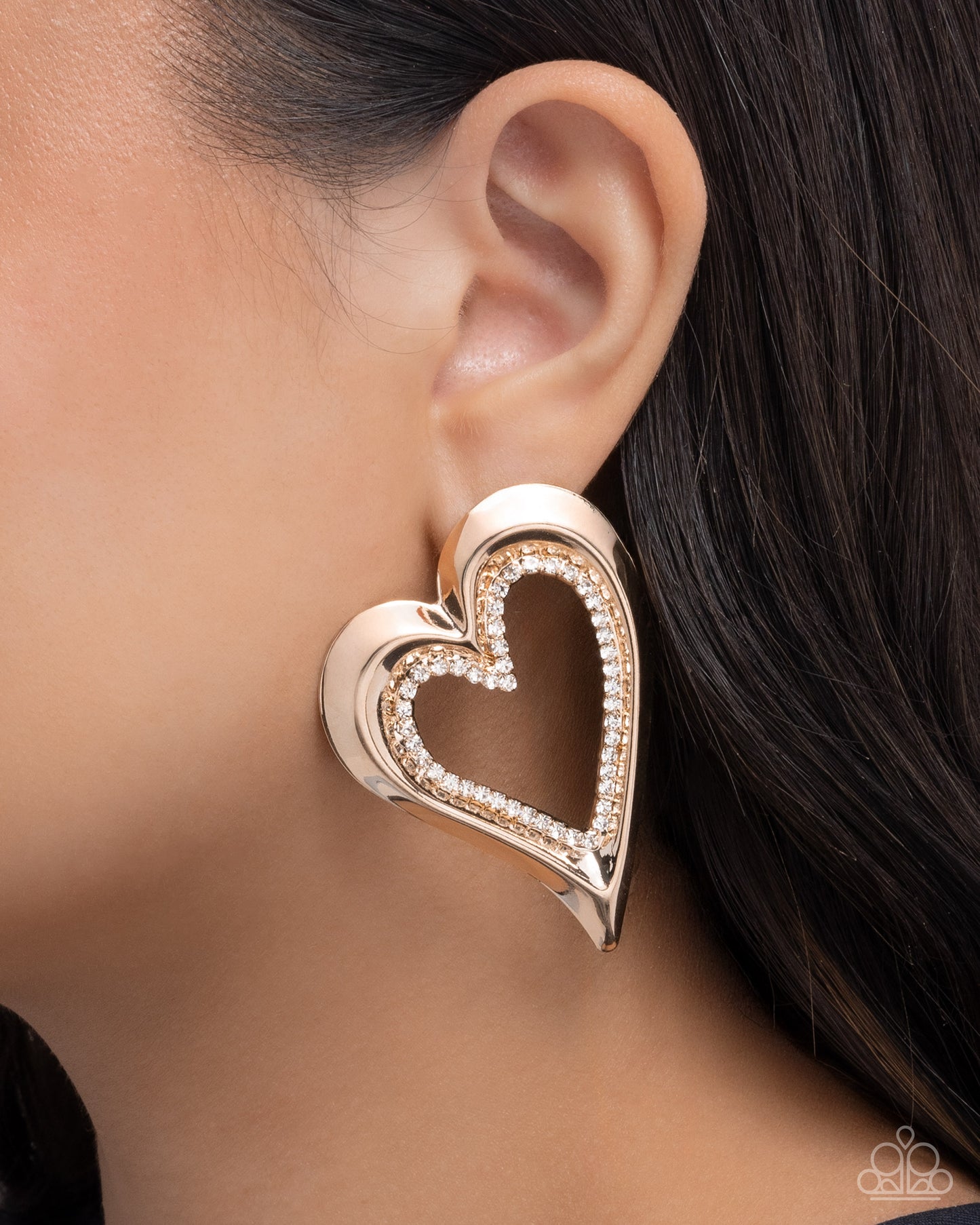 Cupid Chic - Gold Oversized Heart/White Rhinestones Paparazzi Earrings