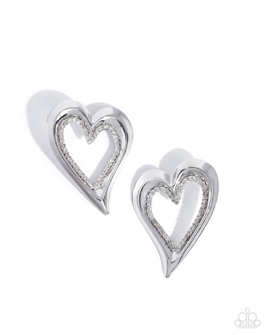 Cupid Chic - White Rhinestone Embellished Silver Heart Paparazzi Post Earrings