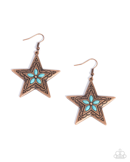 Sheriff Santa Fe - Copper. Antiqued Star & Turquoise Stones Paparazzi Earrings
