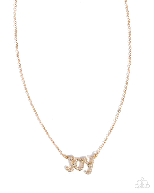 How Great Our Joy - Gold & White Rhinestone "Joy" Pendant Paparazzi Necklace & matching earrings