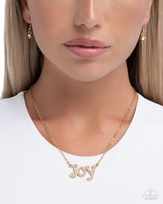 How Great Our Joy - Gold & White Rhinestone "Joy" Pendant Paparazzi Necklace & matching earrings