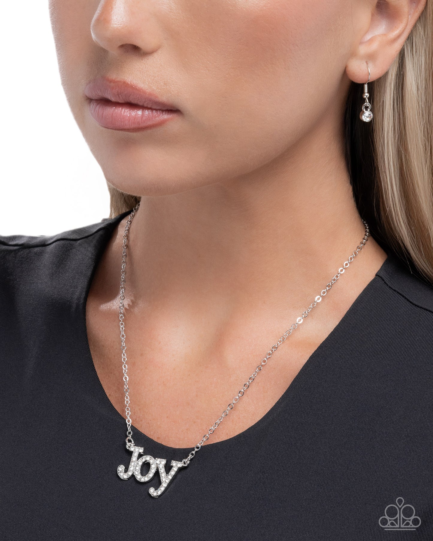 How Great Our Joy - White Rhinestone Embellished "JOY" Pendant Paparazzi Necklace & matching earrings