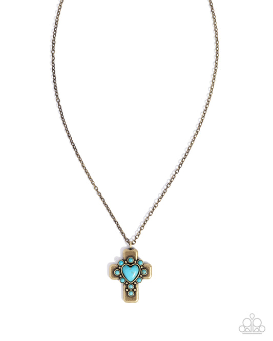 Heavenly Color - Brass & Turquoise Stone Cross Pendant Paparazzi Necklace & matching earrings